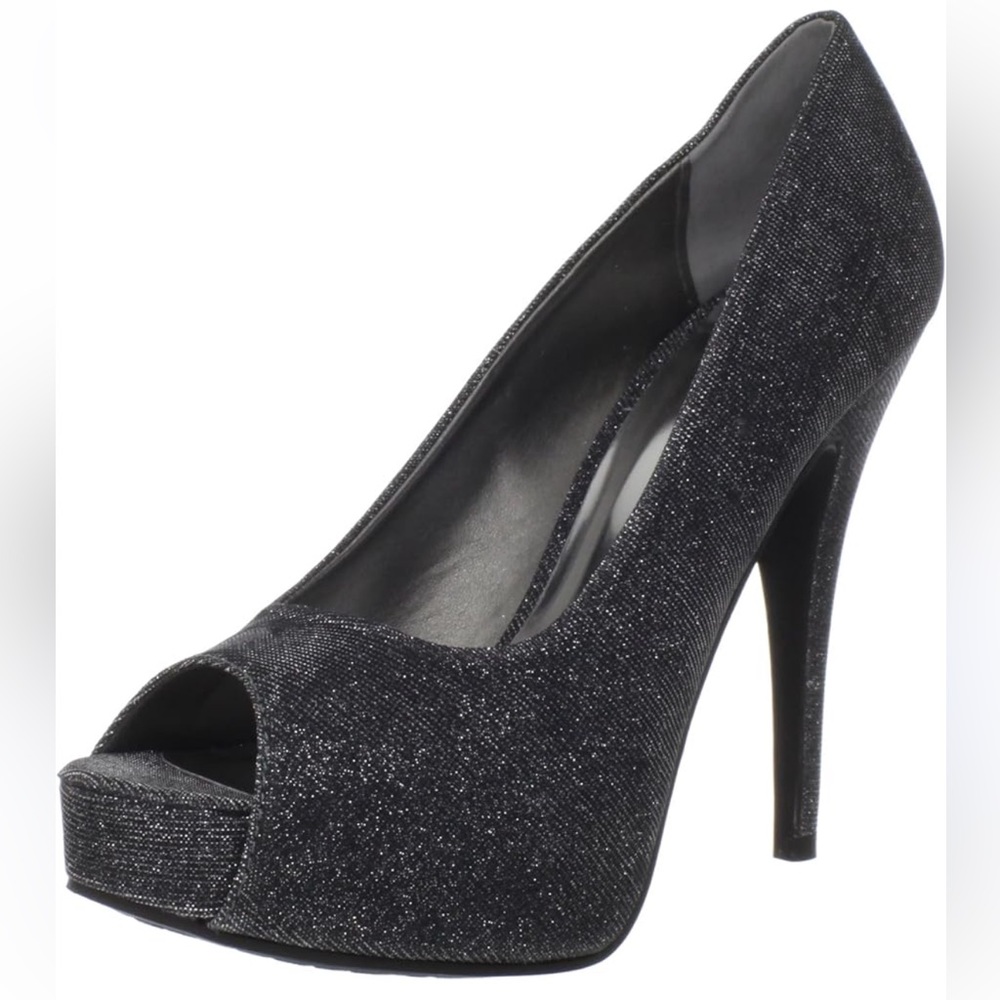 NWOT Chinese Laundry Size 8.5 Formal Black Shimmer Metallic Bling Peep-Toe Heels